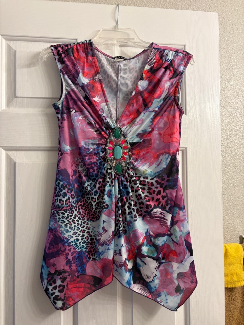 VENUS Pink Purple Blue Printed Handkerchief Hem Top with Gem Detail